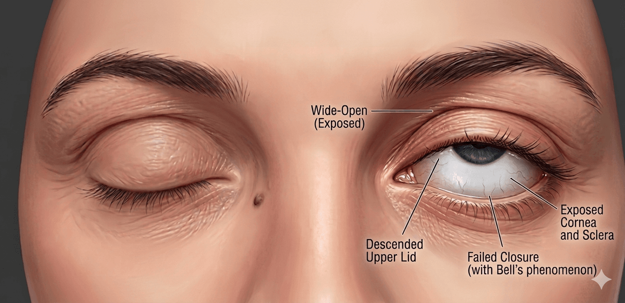 Clinical photograph of lagophthalmos showing incomplete eyelid closure — wide-open exposed eye with descended upper lid, failed closure with Bell's phenomenon, and exposed cornea and sclera