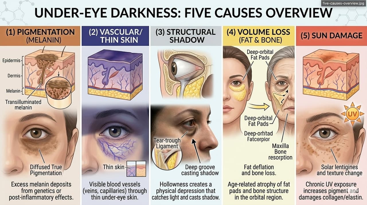 Diagram showing the five distinct causes of under-eye dark circles